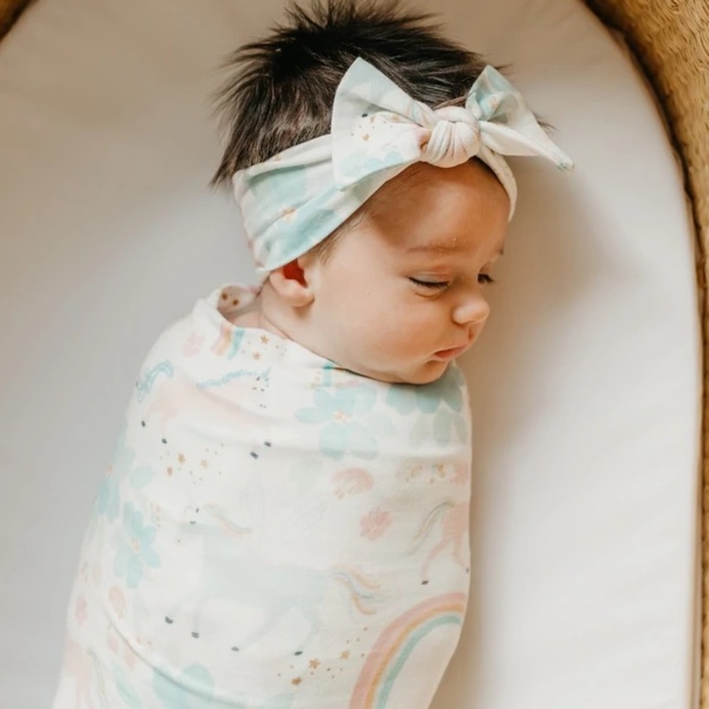 New Copper Pearl Rainbow Unicorn Floral baby swaddle blanket + hat + headband